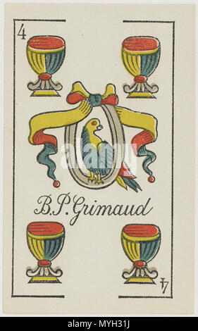 . Inglese: Aluette deck, B. P. Grimaud editor, Francia, 1860: quattro di coppe . 1860. B. P. Grimaud 274 Jeu d'Aluette - Grimaud - 1860 - quattro tazze Foto Stock