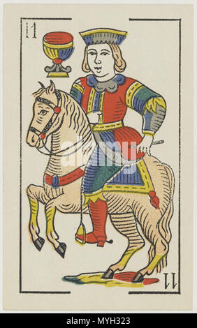 . Inglese: Aluette deck, B. P. Grimaud editor, Francia, 1860: cavaliere di coppe . 1860. B. P. Grimaud 274 Jeu d'Aluette - Grimaud - 1860 - Cavaliere di coppe Foto Stock