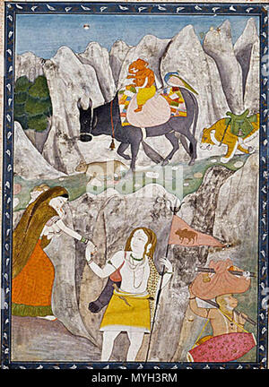 . Shiva è la famiglia in marzo, la pittura;, Acquerello Acquerello opaco e oro su carta, Immagine: 7 7/8 x 5 1/2 in. (20 x 13,97 cm); foglio: 10 3/8 x 7 3/4 in. (26,35 x 19,69 cm) realizzato in: India, Himachal Pradesh, Chamba . 1800 485 Shiva famiglia Foto Stock