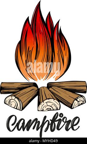 Fire Emblem, riposo nella foresta, camping testo calligrafico, emblema di segno, disegnati a mano illustrazione vettoriale schizzo Illustrazione Vettoriale