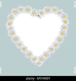 Daisy a forma di cuore ad corona su sfondo blu con una copia in formato testo spazio. Acquerello cuore floreale per telaio, annunci pubblicitari e altri stampabili. Foto Stock