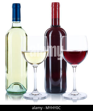 Vino rosso e bianco di bottiglie bicchieri di bevande isolato su uno sfondo bianco Foto Stock