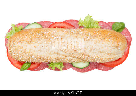 Sandwich Sub grani interi baguette di granella con salame dall'alto isolato su uno sfondo bianco Foto Stock