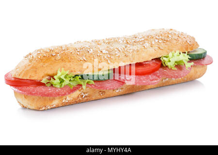 Sub panino con salame grani interi baguette di grano isolato su uno sfondo bianco Foto Stock