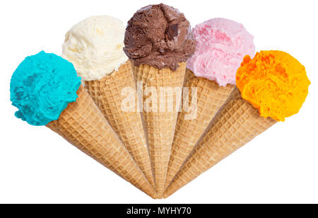 Raccolta di gelato Gelato scoop il cono gelato isolato su uno sfondo bianco Foto Stock