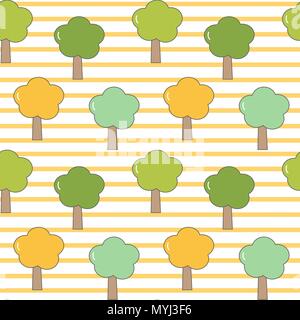 Cartoon carino vettore seamless pattern a strisce illustrazione dello sfondo con alberi Illustrazione Vettoriale