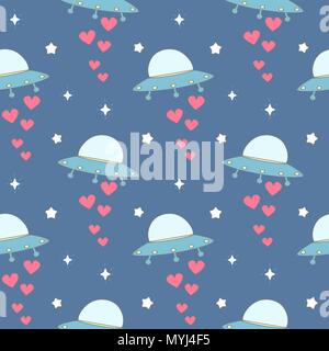 Cartoon carino colorato ufo con cuori vettore seamless pattern illustrazione dello sfondo Illustrazione Vettoriale