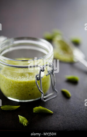 In casa il pesto con i germogli di abete, parmigiano, pinenuts e limone Foto Stock