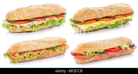 Raccolta dei panini con salame prosciutto formaggio salmone grani interi isolati su sfondo bianco Foto Stock