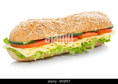 Sub tutto il sandwich di grani di grano baguette con formaggio isolato su uno sfondo bianco Foto Stock