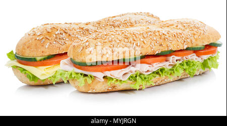 Panini al prosciutto e formaggio grani interi grani isolati baguette su sfondo bianco Foto Stock