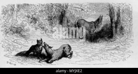 . Français : Illustrazione de Gustave Doré pour la favola di 'Le Renard, Le Loup et le Cheval' de Jean de La Fontaine . Il 20 gennaio 2014, 18:28:55. Gustave Doré 317 Le renard, Le Loup et le cheval Foto Stock