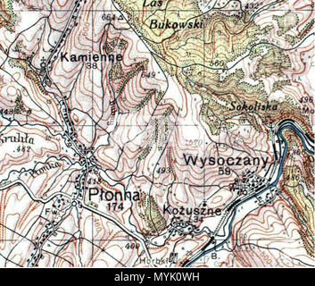 . Inglese: villaggio Płonna e Kamienne, distretto di Sanok, sulla mappa vecchia dal 1930 Polski: Płonna e Kamienne w powiecie sanockim, frammento wojskowej mapy z roku 1933. 1930. Wojskowy Instytut Geograficzny 325 Linia Plonna Kozuszne 1930 Foto Stock