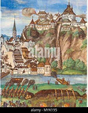 . Kufstein: Belagerung durch kaiserliche Truppen im Oktober 1504 Aquarell . Il XVI secolo. Unknown 14 339Kufstein Belagerung Foto Stock