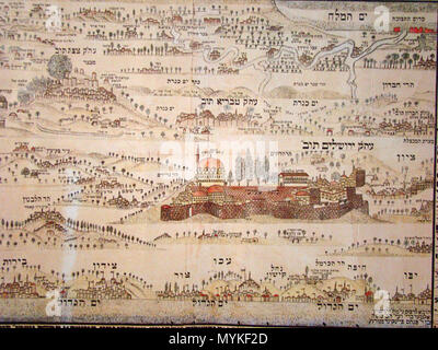 . Inglese: Mappa della terra di Israele da Rabbi Chaim Salomon pinta di Zefat (1875). Questa illustrazione, in ebraico e tedesco, rappresenta un originale gruppo di mappe. Cinque strisce longitudinali mostrano cinque regioni, dal Libano nel nord della Striscia di Gaza, Hebron e 'Capovolto' Sodoma nel sud, visto in prospettiva da ovest a est. La base di stampa è insolito, troppo; la mappa è stata prodotta su un panno di cotone. La città santa di Gerusalemme occupa il centro della mappa. Ma anche se l'autore era nativo di Zefat che conosceva il paese ben, le viste illustrata di Gerusalemme e delle città della sua nascita sono immaginari. 1875 Foto Stock