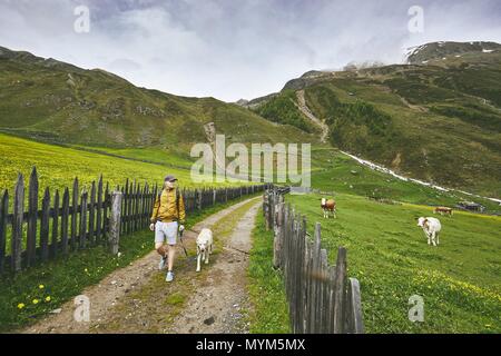 Turistico con un cane in campagna. Giovane uomo a camminare con il labrador retriever su strada sterrata. Alto Adige, Italia Foto Stock