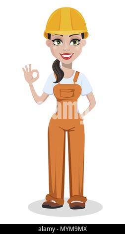 Bellissima femmina builder in uniforme, personaggio dei cartoni animati. Costruzione professionale lavoratore. Riparatore sorridente donna mostra segno ok. Illustrazione Vettoriale Illustrazione Vettoriale