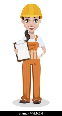 Bellissima femmina builder in uniforme, personaggio dei cartoni animati. Costruzione professionale lavoratore. Riparatore sorridente donna holding negli appunti. Illustratio vettore Illustrazione Vettoriale