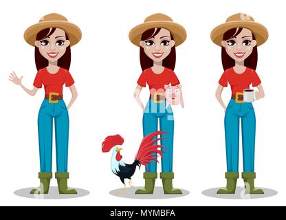 L'agricoltore femmina personaggio dei fumetti, set di tre pose. Allegro giardiniere donna rancher agitando la mano, in piedi con gli animali della fattoria e azienda tazza di caffè Illustrazione Vettoriale
