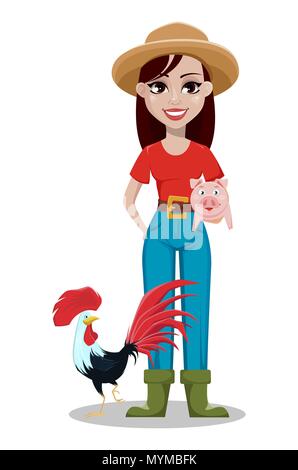 L'agricoltore femmina personaggio dei fumetti. Allegro giardiniere donna cowboy standing con pig gallo e. Illustrazione Vettoriale su sfondo bianco Illustrazione Vettoriale