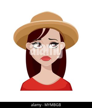 Faccia espressione di agricoltore donna in hat. Emozione femmina, deluso. Bellissimo personaggio dei fumetti. Illustrazione di vettore isolato su sfondo bianco. Illustrazione Vettoriale
