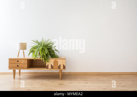 Copia di uno spazio vuoto nella parete soggiorno con la felce e lampada sulla credenza in legno Foto Stock