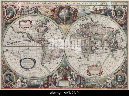 . Questa è un immagine della Nova totius orbis terrarum Geographica ac hydrographica tabula, una mappa del mondo creato da Hendrik Hondius nel 1630, e pubblicato l'anno seguente in atlas Atlantis Maioris appendice. Tra le sue rivendicazioni di notorietà è il fatto che esso fu il primo datato mappa pubblicato in un Atlas, e quindi il primo ampiamente disponibili mappa per mostrare in ogni parte dell Australia, la sola mappa precedente per fare in modo di essere Hessel Gerritsz' 1627 Caert non va Landt van d'Eendracht ("grafico della terra di Eendracht'), il quale non è stato ampiamente distribuito. La costa australiana illustrato è parte di noi Foto Stock