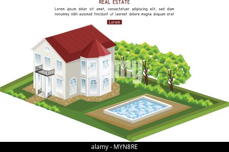 Immobili casa con piscina vettore isolato. architettura 3D illustrazione Illustrazione Vettoriale