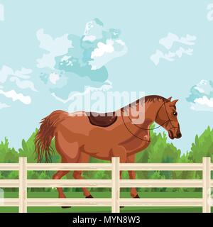 Cavallo vettore all'aperto. Elegante dettagliata illustrazione degli animali sfondo verde Illustrazione Vettoriale