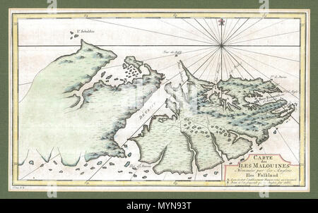 . Inglese: la mappa è stata disegnata dal cartografo francese Etienne André Philippe de Pretot nei tardi 1760s, e apparve per la prima volta nel 1771 edizione del explorer Louis-Antoine de Bougainville il libro di viaggi. Il titolo dice in francese antico: "Carte des Iles Malouines, Nommées par les Anglois Iles Falkland," o "Mappa delle Isole Malouines che gli inglesi chiamano le Isole Falkland." . 1760s. Etienne André Philippe de Pretot 174 Falklands mappa mid Foto Stock