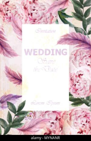 Invito a nozze le peonie bouquet vettore. Vintage decorazioni floreali color viola Illustrazione Vettoriale