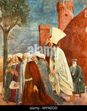 . PIERO DELLA FRANCESCA Esaltazione della croce affresco, 390 x 747 cm San Francesco, Arezzo . circa 1466. vedere il nome o la categoria 421 Piero, arezzo, Esaltazione della croce 03 Foto Stock
