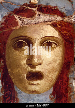. Inglese: teatro femminile maschera. Affresco romano dalla Casa del Bracciale d'Oro (VI 17, 42) a Pompei. Deutsch : Weibliche Theatermaske. Römisches Fresko aus der Casa del Bracciale d'Oro (VI 17, 42) a Pompei. Il 14 marzo 2009. WolfgangRieger 429 pompei - Casa del Bracciale d'Oro - Maschera Teatrale Foto Stock
