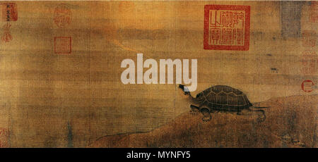 . Inglese: 'Divina Turtle' (o 'Numinous Turtle'), dipinto dal pittore Jin-Dynasty Zhang Gui. Il dipinto reca un timbro dal 21 anno (ca. 1485) dell'epoca Chenghua della Dinastia Ming, indicando la sua proprietà al momento. 中文: 金 张珪 神龟图 Русский: 'Божественная (священная) черепаха', полотно художника цзиньской эпохи по имени Чжан Гуй (ок. 1156-1161) . tra circa 1156 e circa 1161. Inglese: Zhang Gui 中文: 张珪 Русский: Чжан Гуй 575 Zhang-Gui-Shen-gui-tu Foto Stock