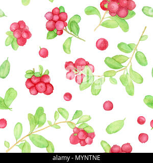 Cowberry seamless pattern, lingonberry acquerello su carta da parati con bacche e foglie isolati su sfondo bianco Foto Stock