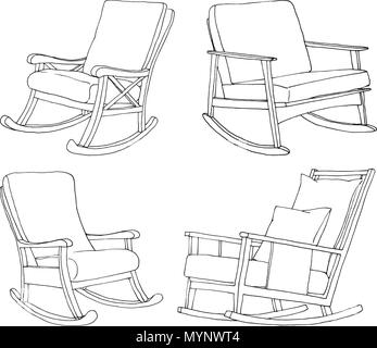Set di sedie a dondolo isolati su sfondo bianco. Schizzo di una sedia confortevole. Illustrazione Vettoriale. Illustrazione Vettoriale