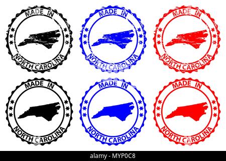 Realizzati in North Carolina - timbro di gomma - vettore, North Carolina (Stati Uniti d'America) Mappa del modello - nero, blu e rosso Illustrazione Vettoriale