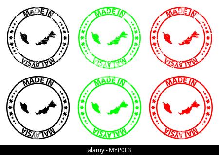 Fabbricato in Malesia - timbro di gomma - vettore, Malaysia mappa del modello - nero, verde e rosso Illustrazione Vettoriale