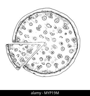 Schizzo di pizza con i funghi. Illustrazione Vettoriale. Illustrazione Vettoriale