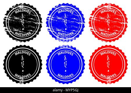 Maldive - timbro di gomma - vettore, Repubblica delle Maldive mappa pattern - adesivo - nero, blu e rosso Illustrazione Vettoriale