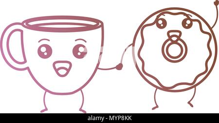 Tazza da caffè con ciambelle dolci kawaii caratteri Illustrazione Vettoriale
