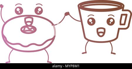 Tazza da caffè con ciambelle dolci kawaii caratteri Illustrazione Vettoriale