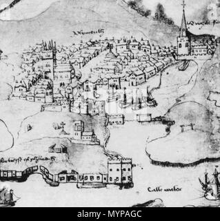 . Inglese: una raffigurazione della città e le fortificazioni di Plymouth in Devon, da una tabella datata 1540. Il 29 aprile 2016. Sconosciuto 427 Plymouth 1540 Foto Stock