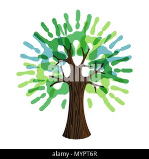 Simbolo di albero con mani di uomo come foglie verdi. Concetto illustrazione per organizzazione aiutano, ambiente progetto o il lavoro sociale. EPS10 vettore. Illustrazione Vettoriale