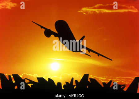 1992 Silhouette storico di volo aereo commerciale Foto Stock