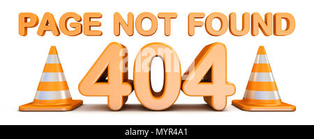 Pagina non trovata errore 404 e traffico coni 3D rendering immagine isolata su sfondo bianco Foto Stock