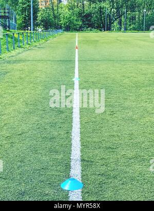 Artificiali erba verde con striscia bianca del campo di calcio. La linea bianca sul prato verde di un campo di gioco. Fake erba utilizzato sui campi sportivi per il calcio baseb Foto Stock