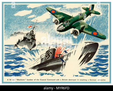 1942 Propaganda Vintage illustrazione un British 'Blenheim Bomber" del comando costiero aids un cacciatorpediniere inglese in smashing un sommergibile tedesco Foto Stock