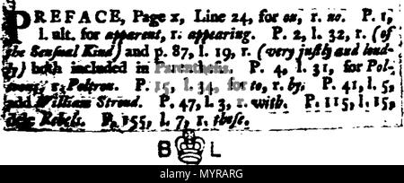 . Inglese: Fleuron dal libro: un saggio verso il raggiungimento di una vera idea del carattere e regni di K. Charles prima e le cause della guerra civile. Estratto da, e consegnati in proprio le parole di alcuni dei più autentici e celebrato storici, vale a dire il Clarendon, Whitelock, Burnett, Coke, Echard, Rapin, Tindal, Neal, &c. 328 Un saggio verso il raggiungimento di una vera idea del carattere e regni di K Fleuron T070200-3 Foto Stock