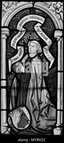 . Deutsch: Anläſslich des Chorneubaus der Kirch zů Bůbikon Zürichbiet im von der Johanniterkommende geſtiftetes Glasgmäld (73 cm × 34,5 cm) mit Bildniſs des Komturs Küſsnachter Andreas Gubelmann. Innſchrifft auf dem Spruchbande: O sancta・agatha・Ora・p(ro)・me・andrea・gubelman・com̃endatori・in・küſſnach・1498 . 1498. Lukas Zeiner 357 AndreasGubelmannBubikon1498i Foto Stock